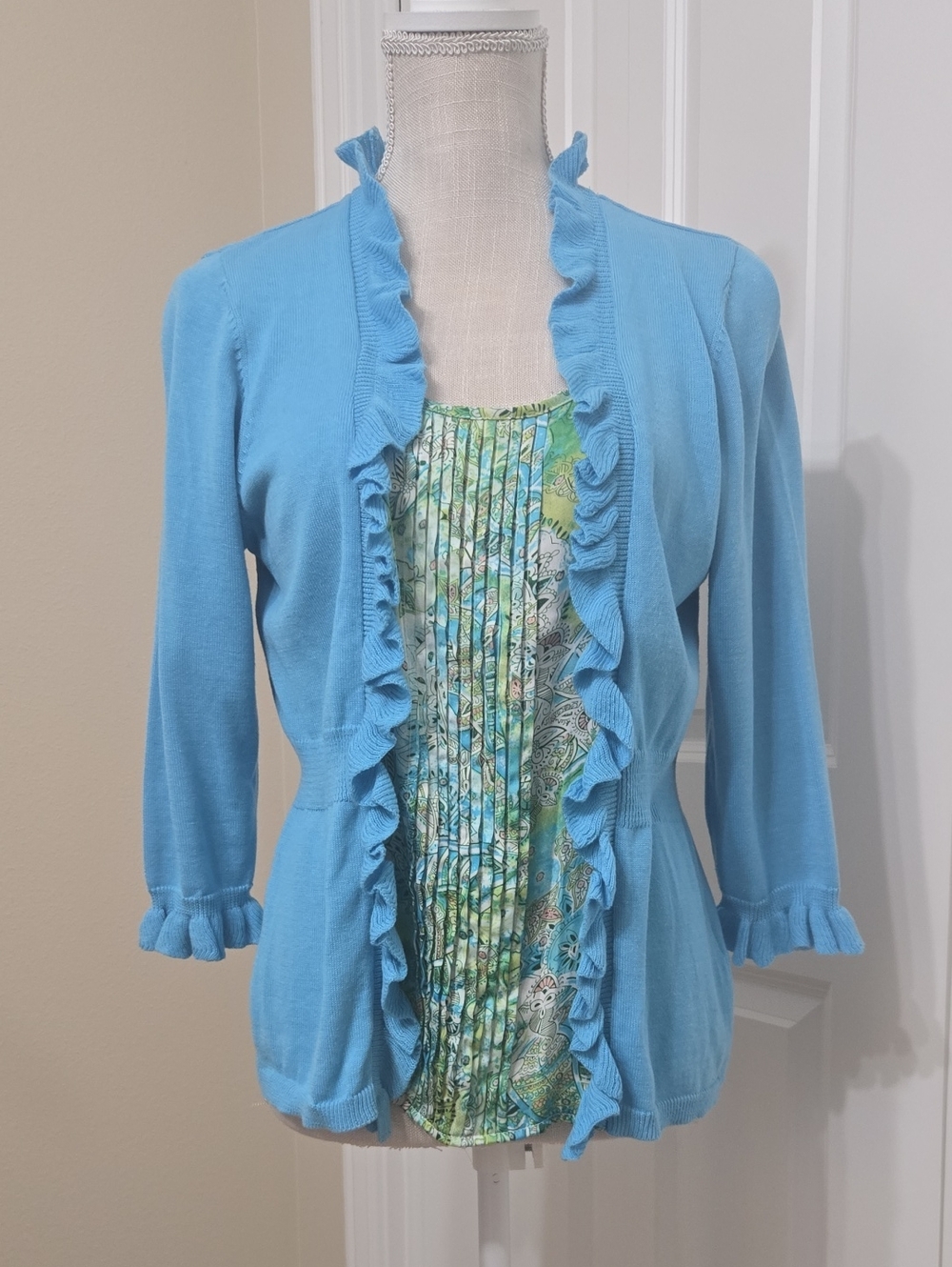 Notations Light Blue Ruffle-Trim Cardigan W/ Attached Insert Sz M New